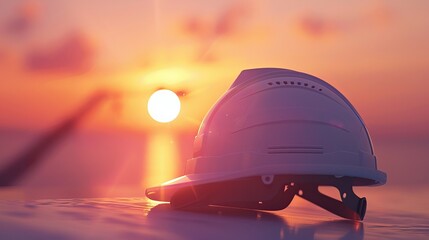 A beautiful image of an engineering helmet at sunset, set against the backdrop of a civil construction site.