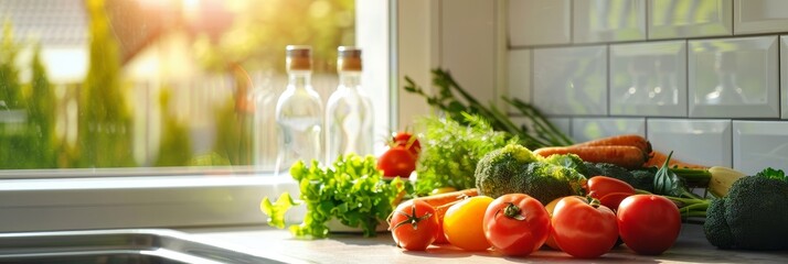 Poster - Fresh Vegetables on Kitchen Counter by Window - A countertop with fresh vegetables, including tomatoes, carrots, broccoli, and herbs, positioned by a window with sunlight streaming in. The scene repre