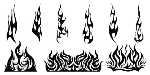 Silhouette Fire flames. Old school tattoo neo-tribal style or silhouette flame for cars. set vector icons. Fire sign. Fire flame icon isolated on white background. Vector illustration	