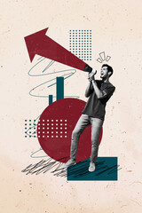 Aufkleber - Trend artwork composite sketch image photo collage of workspace young man trader businessman work hand hold megaphone arrow grow success