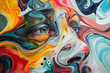 Aufkleber - This abstract artwork depicts faces within a colorful mix of swirling and fluid forms, symbolizing complex human emotions and the interplay of identity and perception.