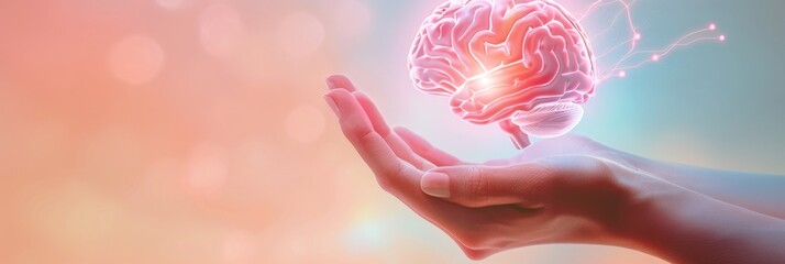 Wall Mural - Hand Holding a Glowing Brain - Symbol of Knowledge and Intelligence - A hand gently cradles a glowing brain, representing the power of the mind, intellectual growth, and the potential for learning and