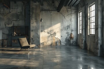 Poster - A vacant room with an industrial style aesthetic, featuring large windows letting in natural light, raw concrete walls, and minimalistic furniture creating an open atmosphere.