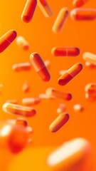Poster - Floating orange and white capsules against a vibrant orange background. Ideal for medicine, pharmaceutical, and healthcare themes 