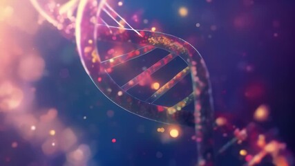 Poster - Close-up view of a DNA double helix with glowing particles and bokeh effect. Genetics and molecular biology concept, representing genetic research and biotechnology 
