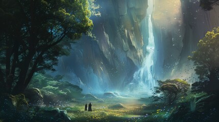 Poster - Mystical Waterfall in a Lush Forest - Two figures stand in awe of a majestic waterfall cascading down a towering cliff face. Sunlight streams through the trees, illuminating the lush greenery and crea