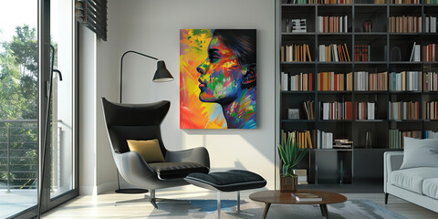 art of finance: a modern canvas print hangs above a cozy reading nook filled with investment strateg