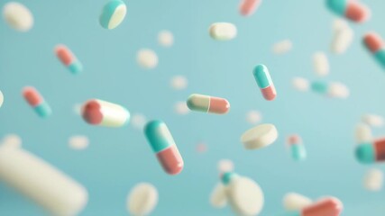 Poster - Assorted colorful pills and capsules floating against a light blue background. Ideal for medicine, pharmaceutical, and healthcare themes 