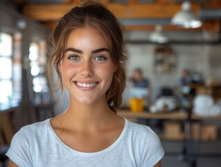 Wall Mural - A young woman with long brown hair smiles warmly in an office setting