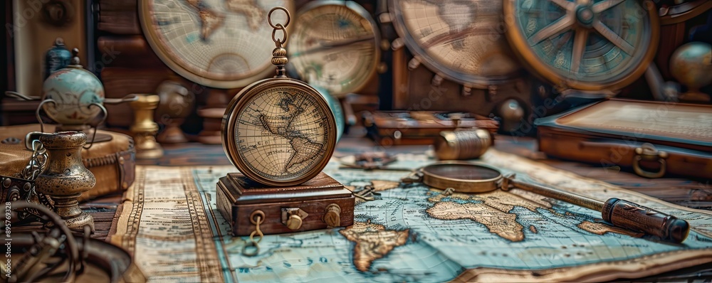 Vintage map and compass still life scene evoking a sense of adventure ...