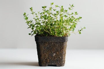 Wall Mural - A vibrant, fresh thyme plant in a black plastic pot, showcasing healthy green leaves, ready for culinary use or home gardening.