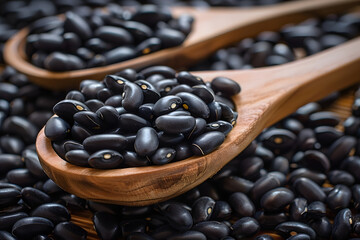 Wall Mural - close-up of black beans in wooden spoon