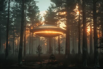 Poster - A glowing UFO hovers above the forest at twilight, casting an orange light across the trees as the day transitions to night, evoking awe and mystery in the serene setting.