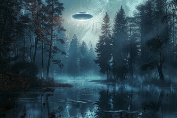 Poster - An eerie scene of a mysterious UFO quietly hovering over a misty forest with tall trees reflected in the calm waters of a pond, creating a surreal atmosphere at night.