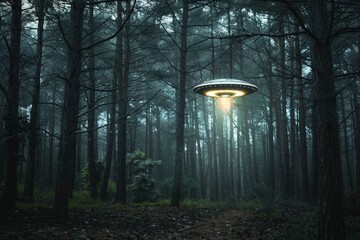 Aufkleber - A mysterious UFO hovered in a dark forest, illuminated by its spotlight which pierces through the dense mist and tall trees, creating an enigmatic and haunting scene.