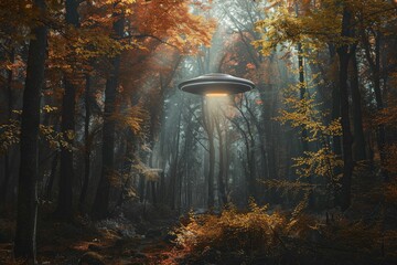 Poster - A mysterious UFO hovers amidst the eerie, misty atmosphere of an autumn forest, blending the surreal elements of alien technology with the natural beauty of the season's changing leaves.