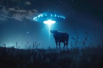Aufkleber - An atmospheric night scene featuring a cow standing in a field as it's being lit up by the beam from a hovering alien spaceship, ready for abduction.