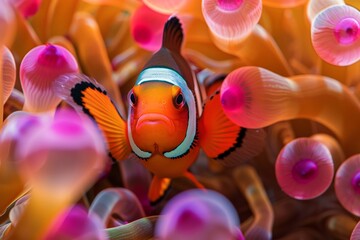 Poster - This image showcases a colorful clownfish amidst an array of vibrant pink and orange corals, capturing the beauty of underwater marine life in a coral reef ecosystem.