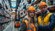 © Viktoriia - Diverse Team of Warehouse Workers in Safety Gear Standing Proudly in Aisle of Organized Industrial Storage Facility