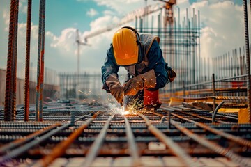 Construction Worker Welding Steel Rebar