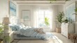 © HuynhThiThuy - A coastal bedroom with a white wooden bed, blue and white linens, large windows with sheer curtains, nautical decor, light wooden furniture, and a serene, relaxing atmosphere, hd quality,