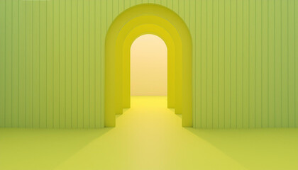 Wall Mural - Light green empty room with arched doorways, 3d rendering style