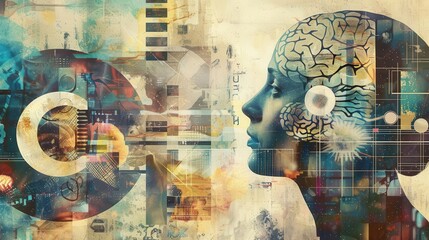 abstract collage representing education and intelligence surreal composition blends academic symbols brain imagery and futuristic elements on textured background