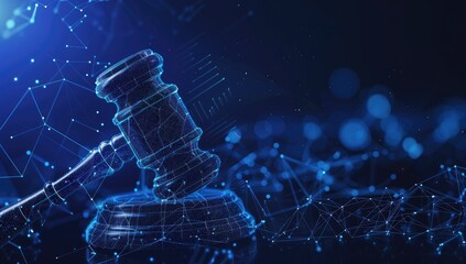 A glowing gavel set against a digital backdrop, symbolizes the intersection of law and technology.