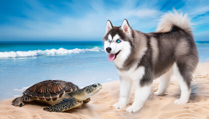 Siberian Huskies play on the beach with sea turtles during a summer filled with sand and sea. They look adorable with their striking white-gray fur and blue eyes.