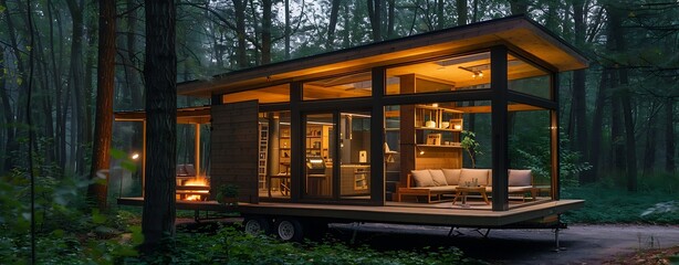 Poster - A cozy cabin nestled amidst a dense forest bathed in the warm glow of evening light