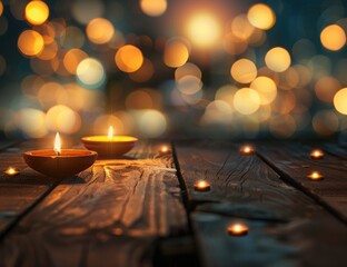 Diwali celebration with ornate candles glowing on a wooden surface against a backdrop of colorful lights free text copy space banner