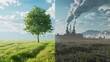 © Екатерина Чумаченко - Compare a green tree and meadow with clear air to a factory emitting pollution and its effects on climate change, 3D illustration rendering