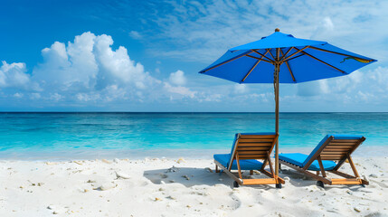 Wall Mural - Sun loungers under an umbrella with a clear sea view.