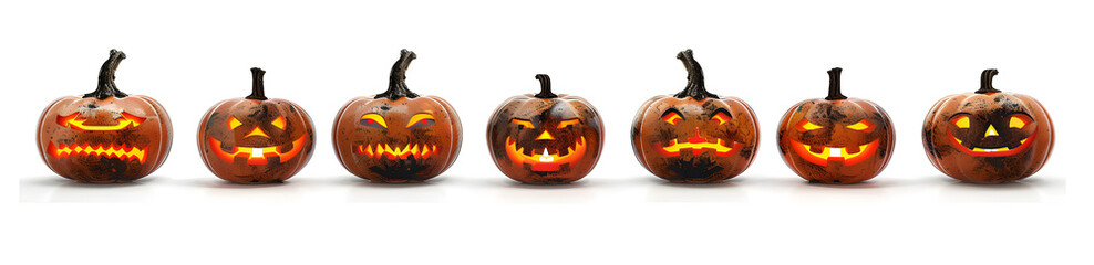 Poster - A group of eight lit spooky halloween pumpkins, Jack O Lantern with evil face and eyes isolated against a white background.