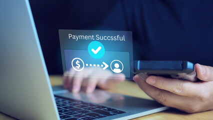 Mobile banking, online payment, e-transaction, financial technology concept. Woman using mobile phone for digital payment and online shopping via mobile banking app, digital wallet