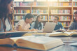 © Sergio - Group of students studying together in a library with books and laptops, for backgrounds. Image with copy space