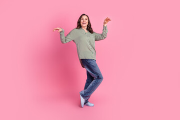 Sticker - Full size photo of nice aged woman dancing wear shirt isolated on pink color background