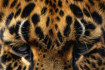Poster - A close up of leopard fur texture with detailed spots, showcasing the natural beauty and patterned skin. A perfect symmetrical photo, centered, with space for text in the background.
