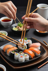  Hand holding chopsticks, dipping sushi into a dish of soy sauce. 