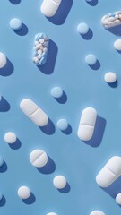 Poster - Assorted blue and white pills and tablets scattered on a light blue background. Ideal for medicine, pharmaceutical, and healthcare themes 