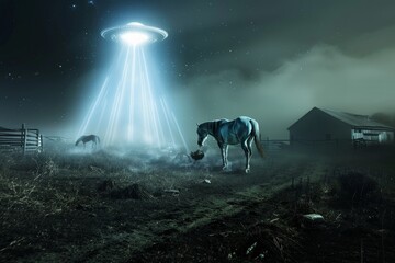 Poster - A horse stands quietly on a foggy farm at night, bathed in the bright beam of light emitted by a hovering UFO, creating a scene of eerie curiosity and tension.