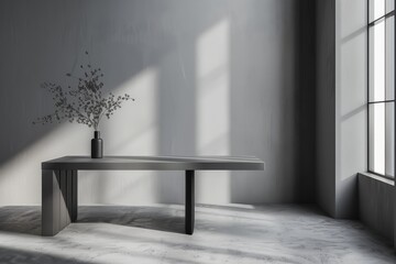 Aufkleber - Modern minimalist bench made of wood and metal, placed in a brightly lit room by the window, with soft daylight casting interesting shadows on the floor and walls.