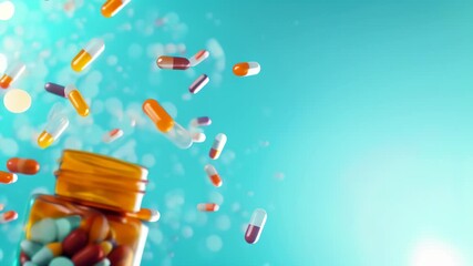 Poster - Colorful pills and capsules spilling from an open bottle against a vibrant blue background. Ideal for medicine, pharmaceutical, and healthcare themes 
