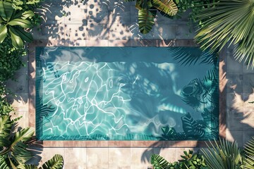 Poster - A clear overhead image of a swimming pool surrounded by lush, tropical plants, casting shadows on the water surface, creating a serene and picturesque scene.