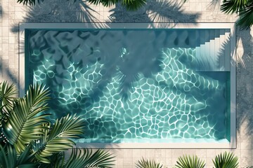 Poster - This aerial view captures a stylish, modern swimming pool featuring sleek steps, surrounded by tropical foliage, presenting a luxurious and inviting environment.
