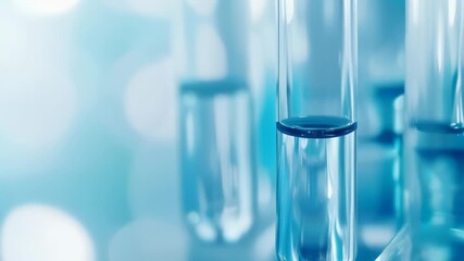 Aufkleber - Close-up of test tubes with blue liquid against a soft blue background. Ideal for medicine, pharmaceutical, and scientific research themes 