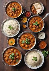 Wall Mural -  Vibrant display of colorful Indian curries with rice and naan bread. 