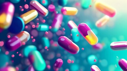 Poster - Brightly colored pills and capsules floating with bokeh effect on a blue background. Pharmaceutical and healthcare industry theme, medication and treatment concepts 