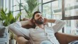 © Daniel - Relaxed man take break from work put hands behind head lean on comfy chair closing eyes feels serenity, enjoy fresh conditioned air in modern office, no stress, fatigue relieve at workplace