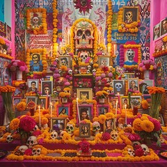 4. A lively poster showcasing a Day of the Dead altar filled with photos, candles, marigolds, and sugar skulls, all in vibrant hues